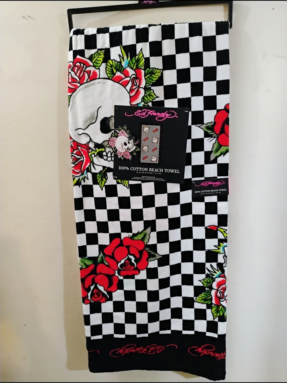Ed Hardy Black & White Checkered Skull Rose Cotton Beach Towel.